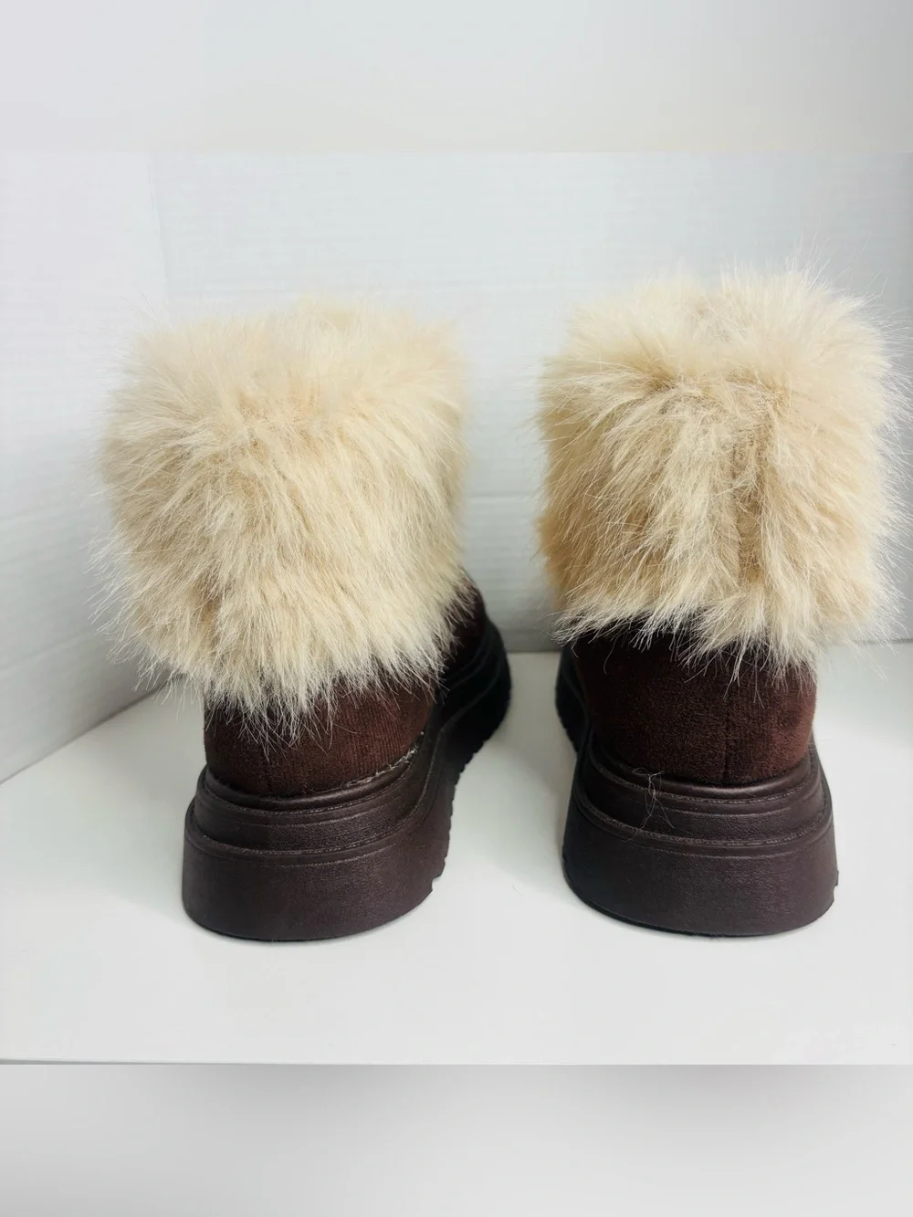 Women's Dark Brown Faux Suede Ankle Boots with Cream Faux-Fur Cuff